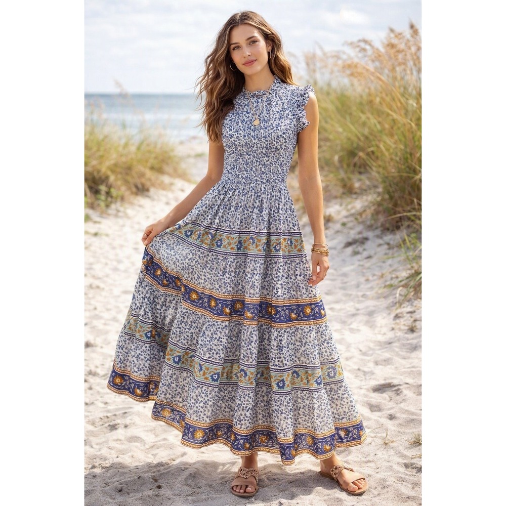 Calypso St Barth Smocked Tiered Maxi Dress Womens sz S Floral Print Cottagecore